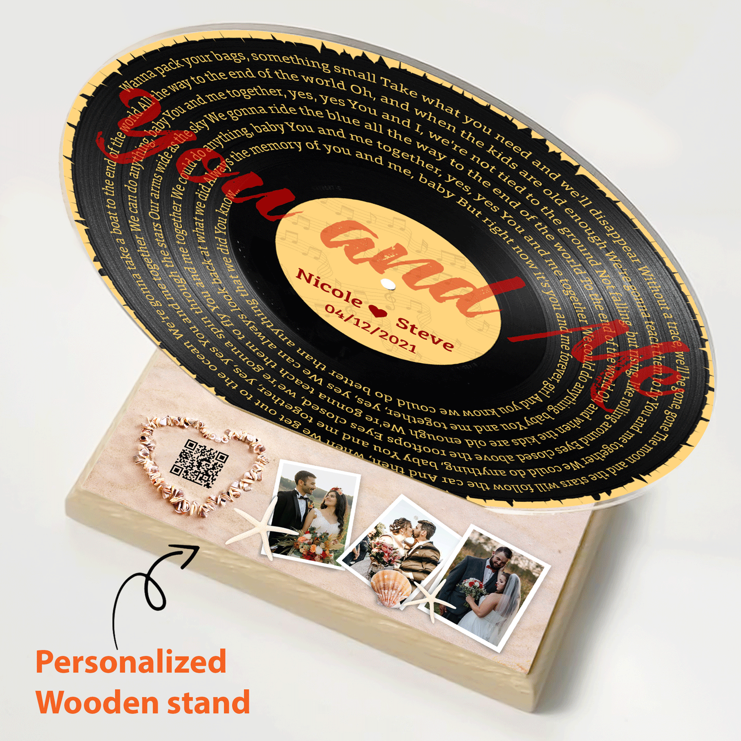 Custom Song Lyrics, QR 3 Photos Wood Stand, Acrylic Record