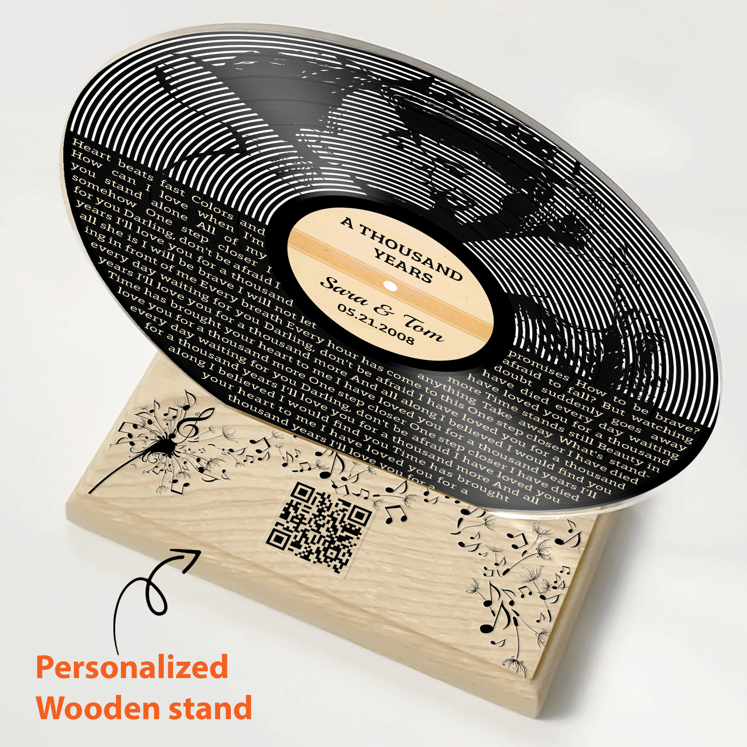 Custom Song Lyrics, B&W QR Wooden Stand, Acrylic Record