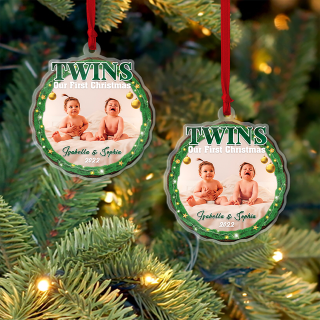 Personalized Name And Photo, Baby's First Christmas, Twins, Our First Christmas, Christmas Circle Ornament 2 Sided