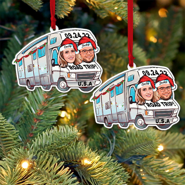 Custom Face From Photo, Gift For Couple, Camping Bus, Shape Ornament 2 Sides