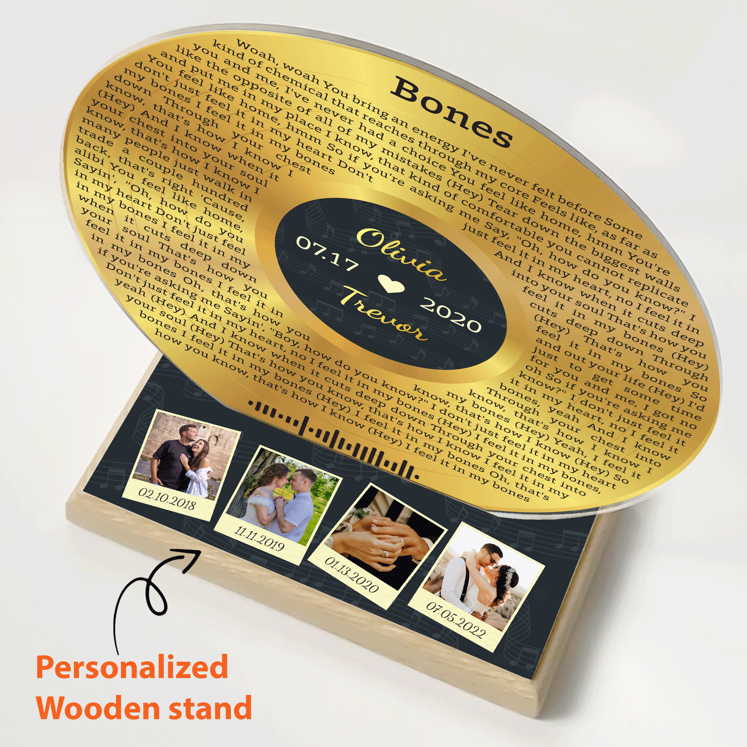 Custom Song Lyrics, 4 Photos Wood Stand, Gold Acrylic Record