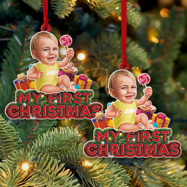 Custom Photo, Personalized Name And Text, Ornament For Baby, Baby's First Christmas, Candy & Gift Box, Christmas Shape Ornament 2 Sides