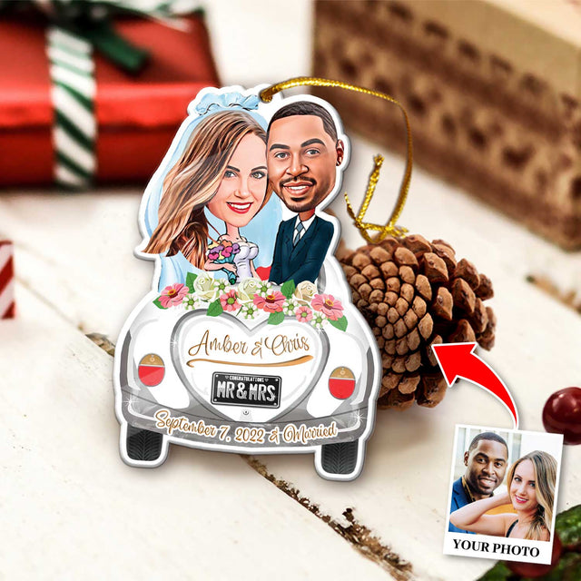 Custom Face From Photo, Married Couple in Car Christmas Shape Ornament 2 Sides
