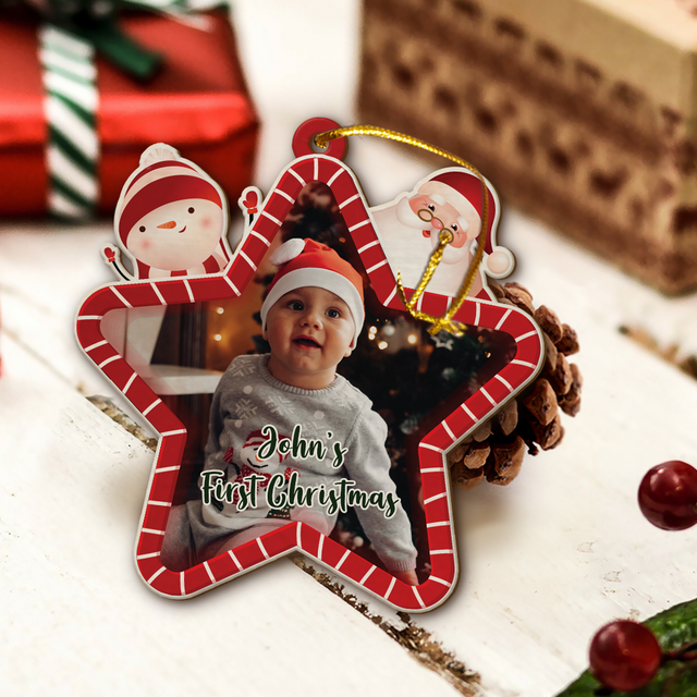 Custom Photo, Personalized Name And Text, Ornament For Baby, Baby's First Christmas, Star Shape, Christmas Shape Ornament 2 Sides
