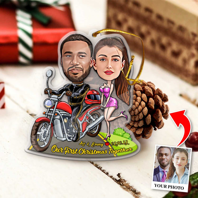 Custom Face From Photo, Gift For Couple, Motobike, Shape Ornament 2 Sides