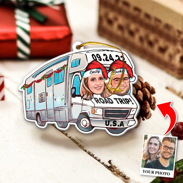 Custom Face From Photo, Gift For Couple, Camping Bus, Shape Ornament 2 Sides