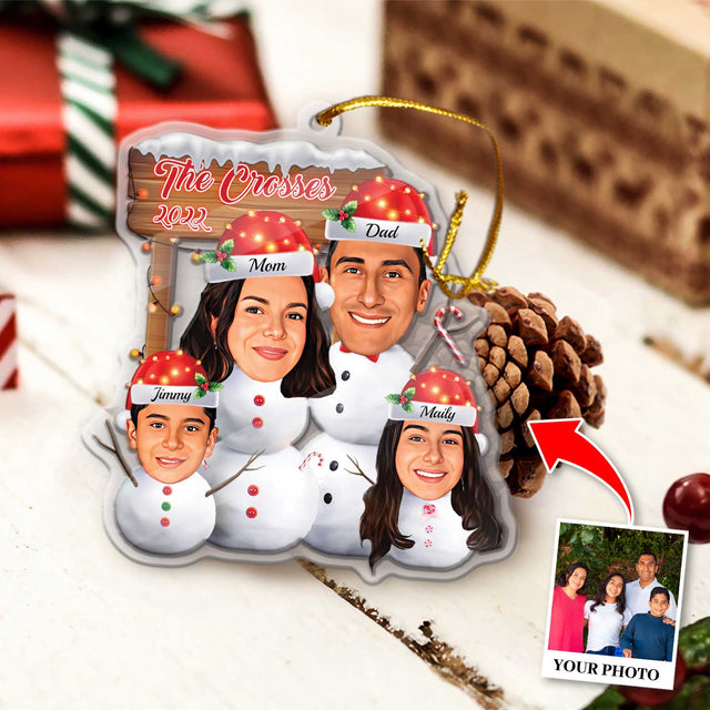 Custom Face From Photo, Snowman Family, Shape Ornament 2 Sides