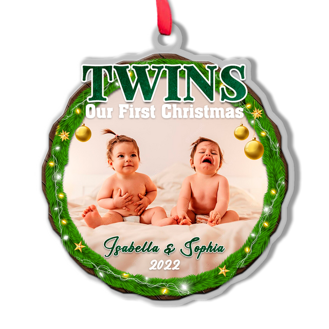Personalized Name And Photo, Baby's First Christmas, Twins, Our First Christmas, Christmas Circle Ornament 2 Sided