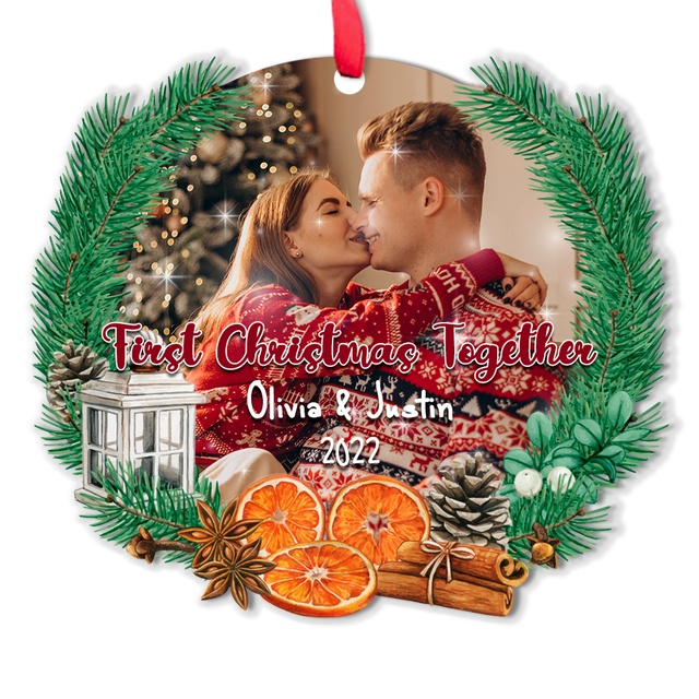 Personalized Name And Photo, First Christmas Together, Pine Tree, Christmas Circle Ornament 2 Sided