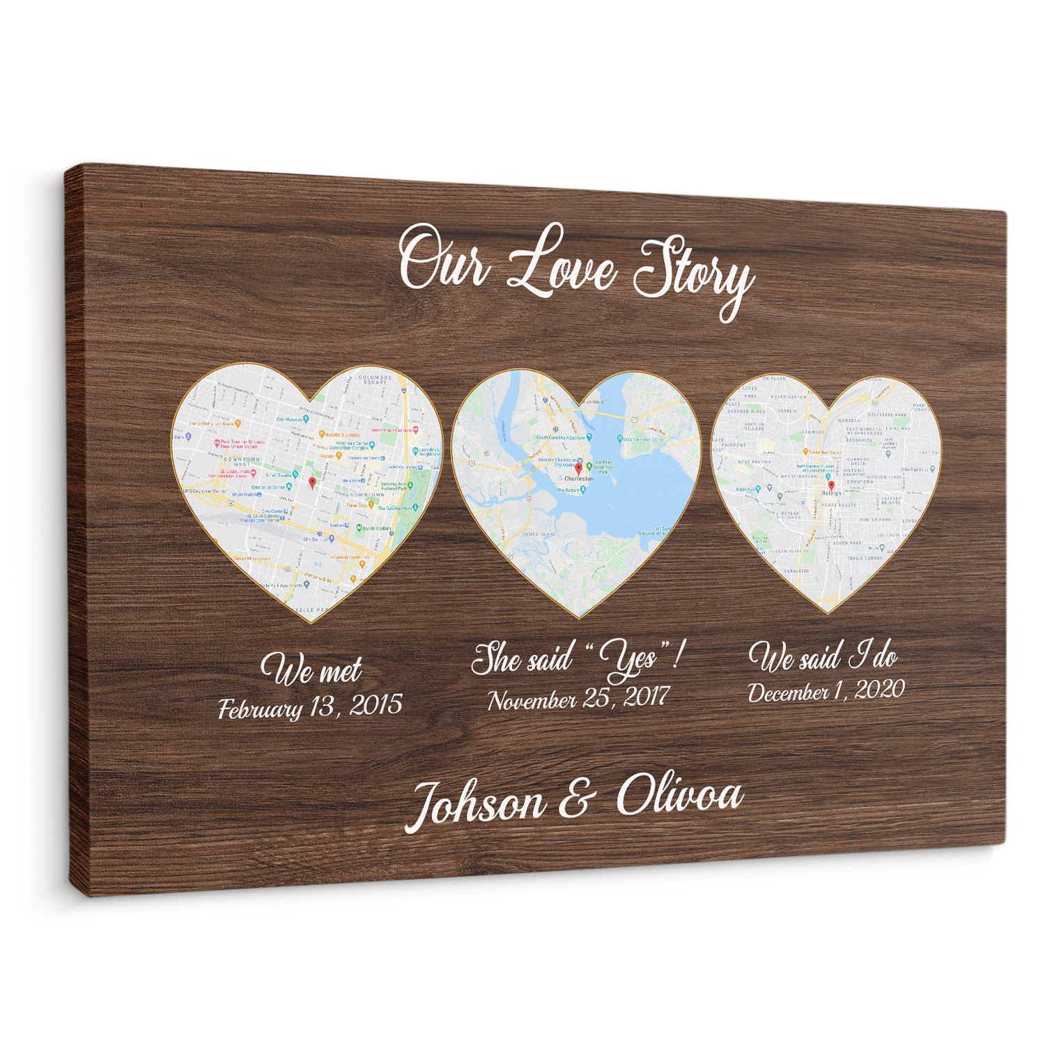Our Love Story We Met She Said Yes We Said I Do Wood Background Canvas