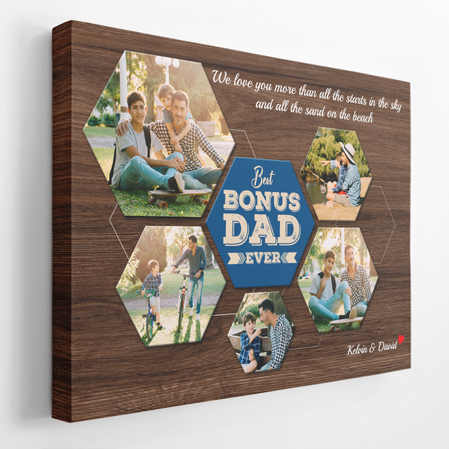 Best Bonus Dad Ever Custom Photo Collage - Personalized Dark Wood Background Canvas