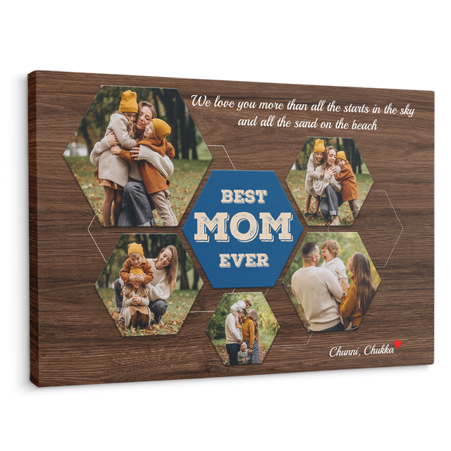 Best Mom Ever Custom Photo Collage - Customizable Dark Wood Background Canvas
