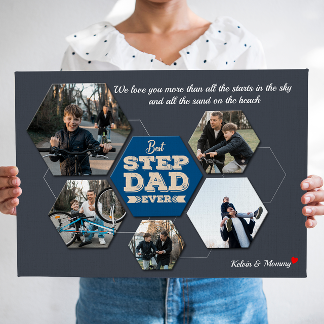 Best Stepdad Ever Custom Photo Collage - Personalized Navy Background Canvas