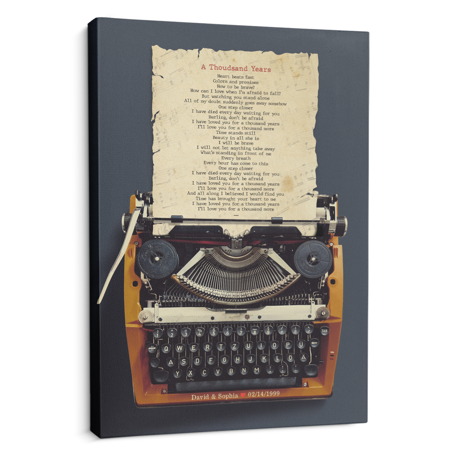 Custom Song Lyrics, Customizable Name And Date, Typewriter Canvas Wall Art
