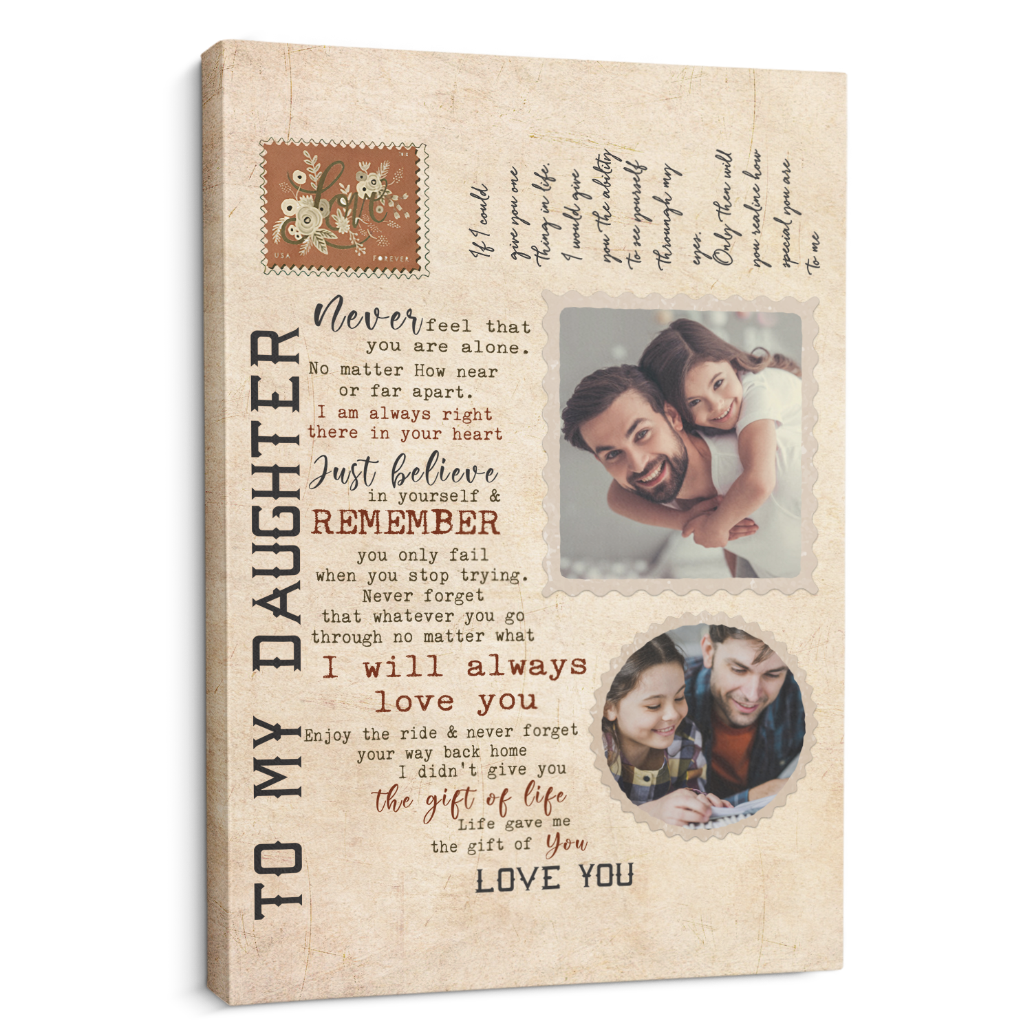 To My Daughter, I Am Always Right There In Your Heart, Custom Photo Canvas Art Print