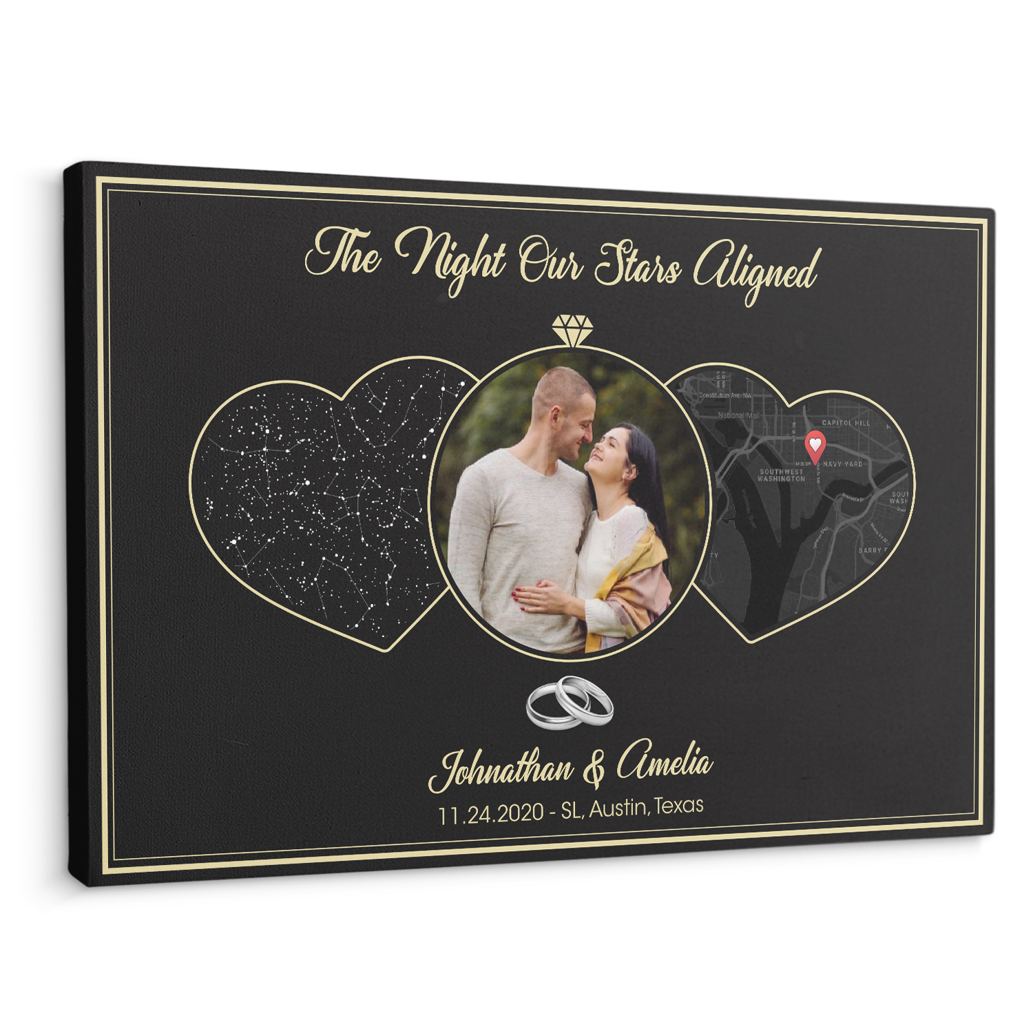 Custom Night Sky And Map 3 In 1, Customizable Photo And Text Black Background Canvas