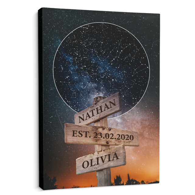 Custom Star Map, Customizable Night Sky And Text Street Sign Black Background Canvas