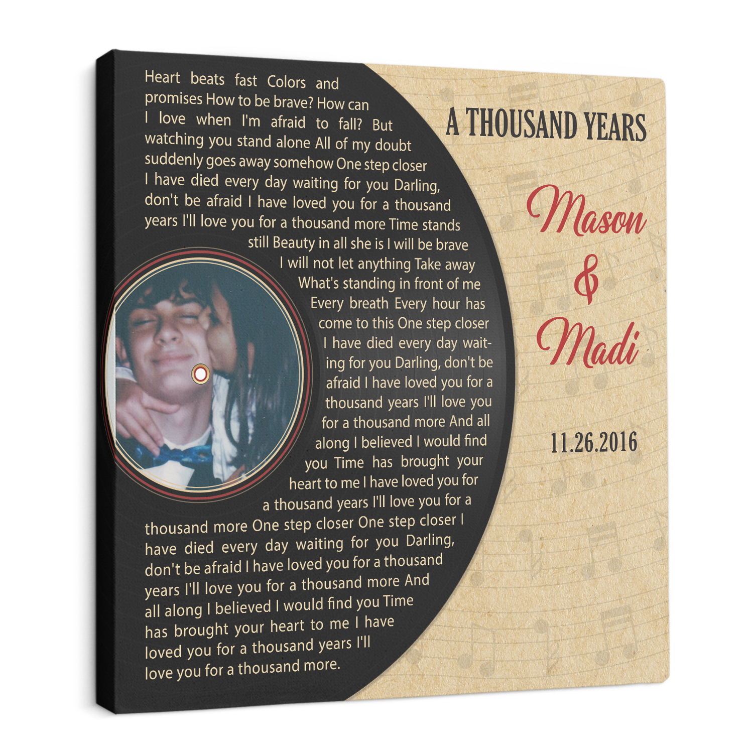 Custom Song Lyrics, Canvas Wall Art, Upload Photo, Customizable Name And Text, Half Vinyl Record