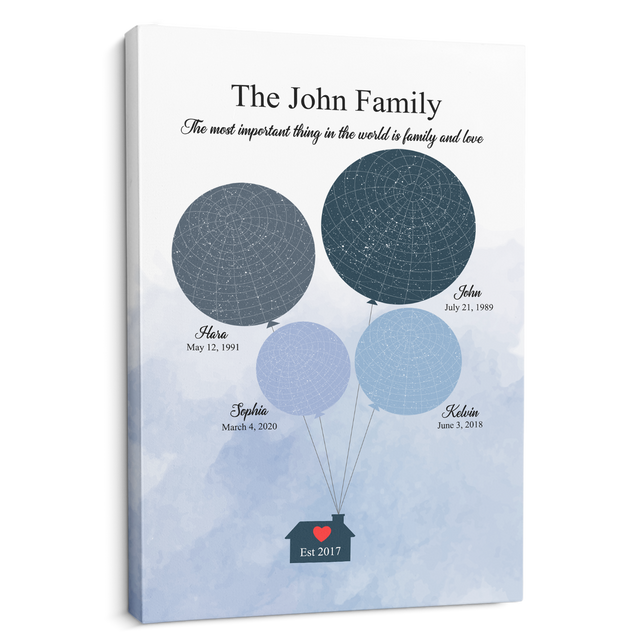 Custom Star Map Canvas Gift For Family - Family Balloons 3 Persons