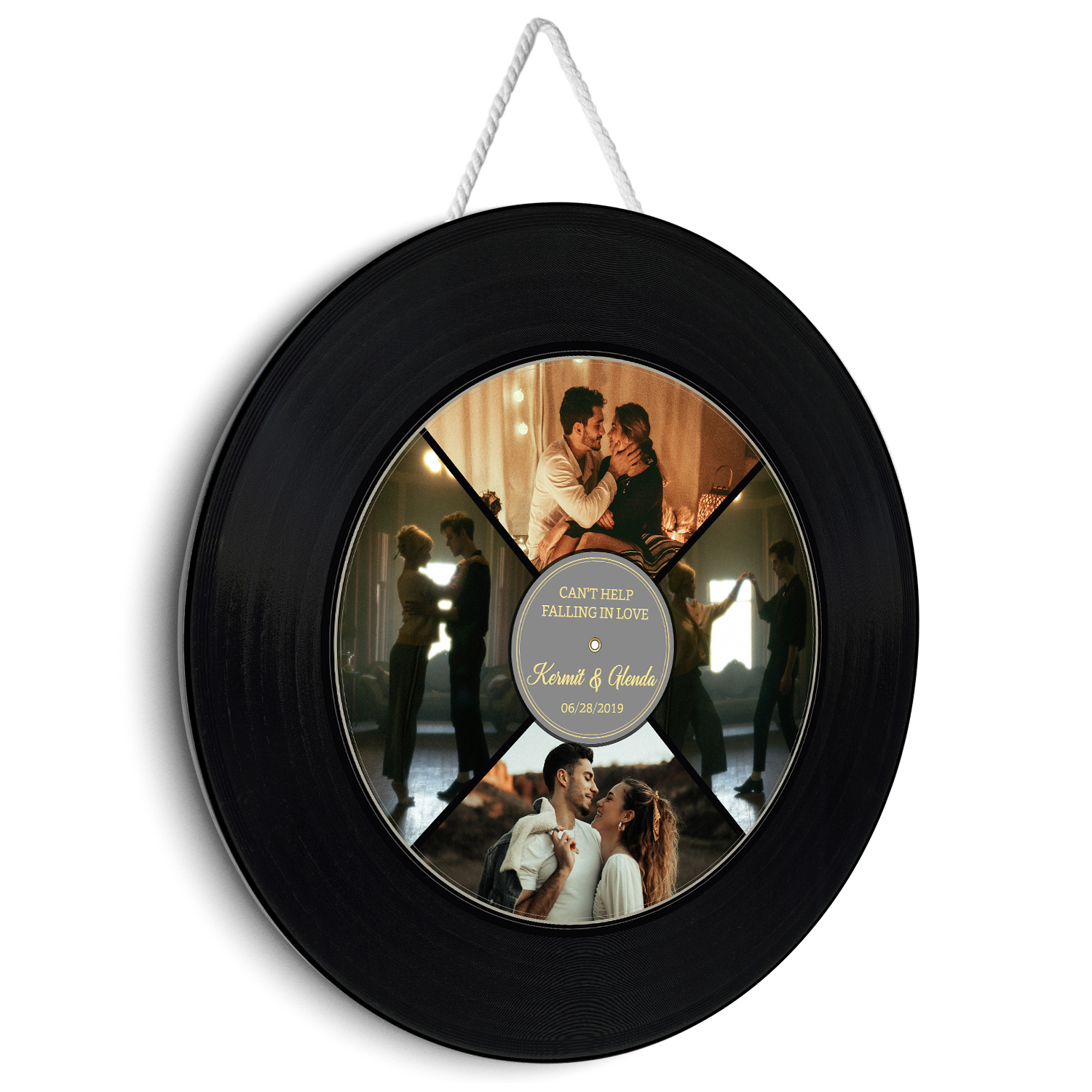 Custom Photo Vinyl Record, Customizable Name And Text, 4 Photos, Round Wood Sign