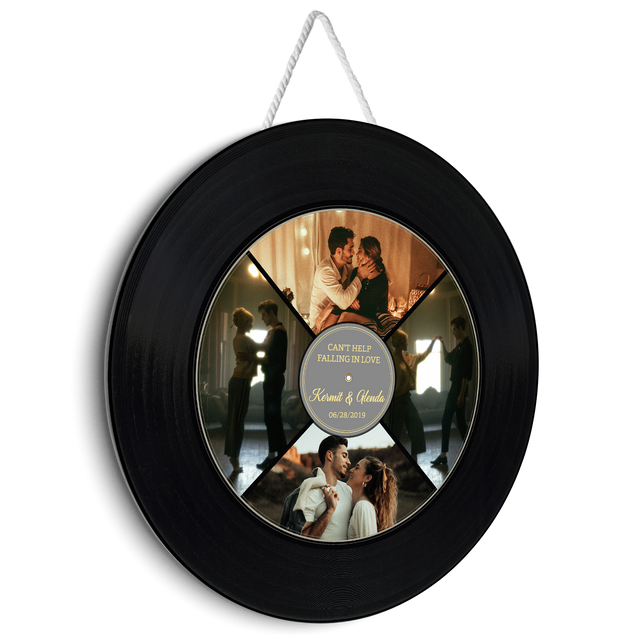 Custom Photo Vinyl Record, Customizable Name And Text, 4 Photos, Round Wood Sign