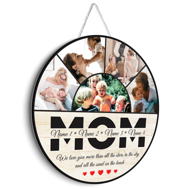 Mom Custom Photo, 5 Pictures, Customizable Name And Text, Round Wood Sign