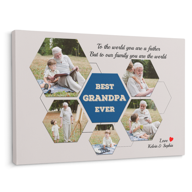 Best Grandpa Ever Custom Photo Collage - Customizable Light Grey Style Background Canvas