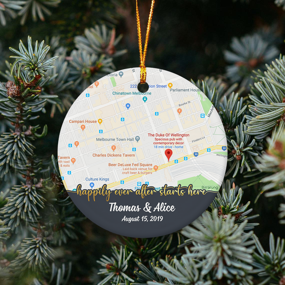 Happily Ever After Starts Here Custom Anniversary Gift For Couples Personalized Map Decorative Christmas Circle Ornament 2 Sided