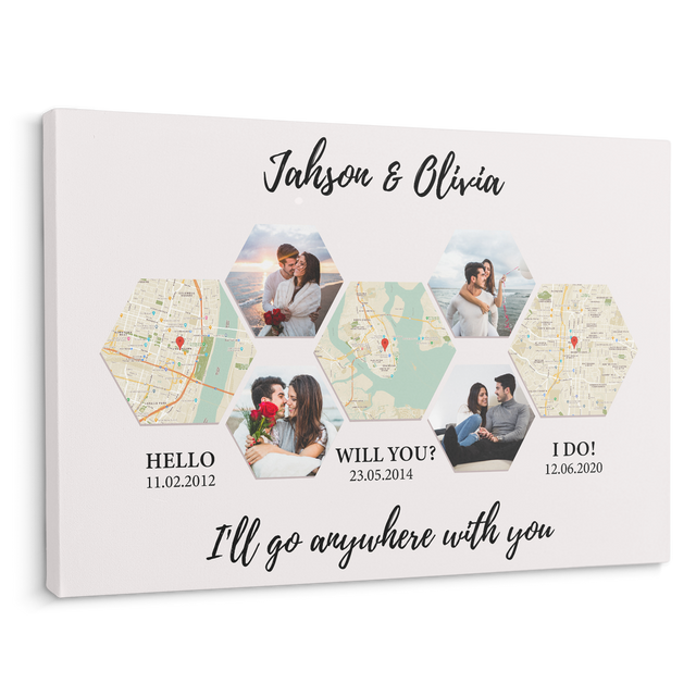 Customizable Map, Photos, Text Hexagon Style Wall Canvas