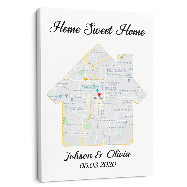 Home Sweet Home Custom Map And Text White Background Canvas