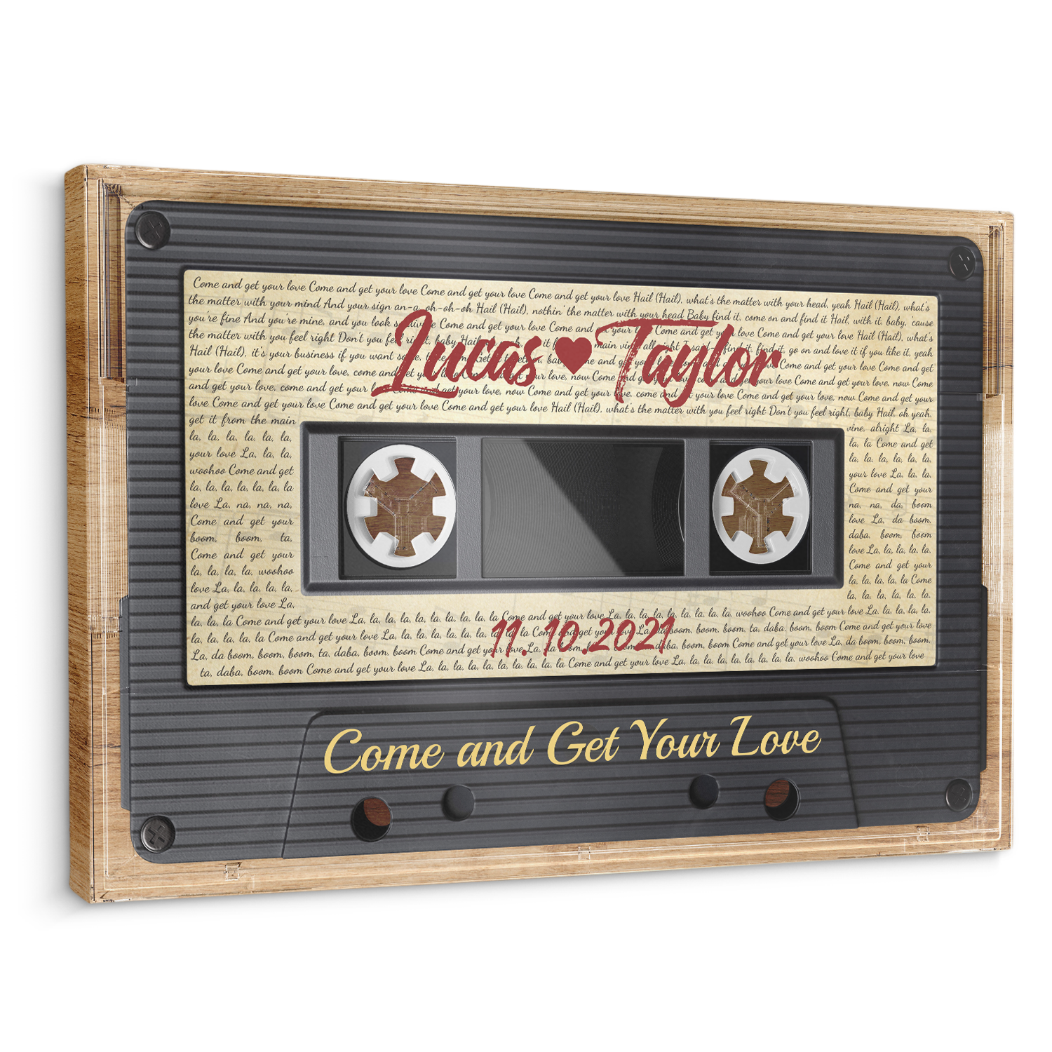 Custom Song Lyrics, Customizable Name, Date, Song Name Cassette Tape, Wood Style, Canvas Wall Art