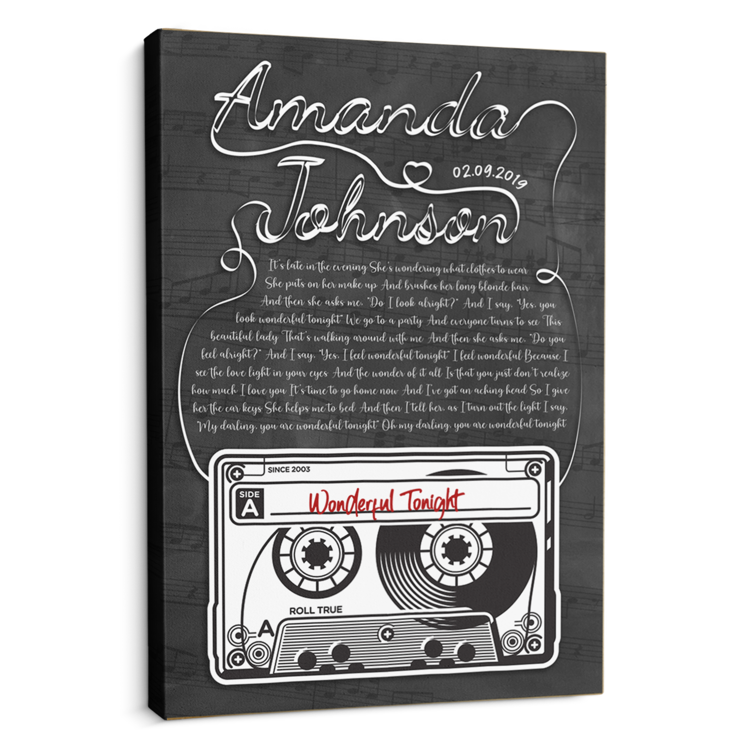 Custom Song Lyrics, Customizable Name And Date, Cassette Tape Black Background Canvas
