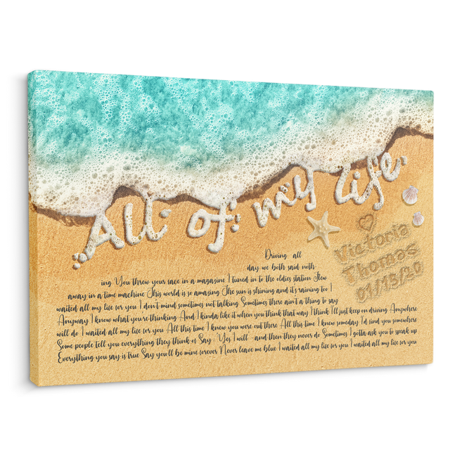 Custom Song Lyrics in The Sand Ocean Canvas Wall Art, Custom Name and Date