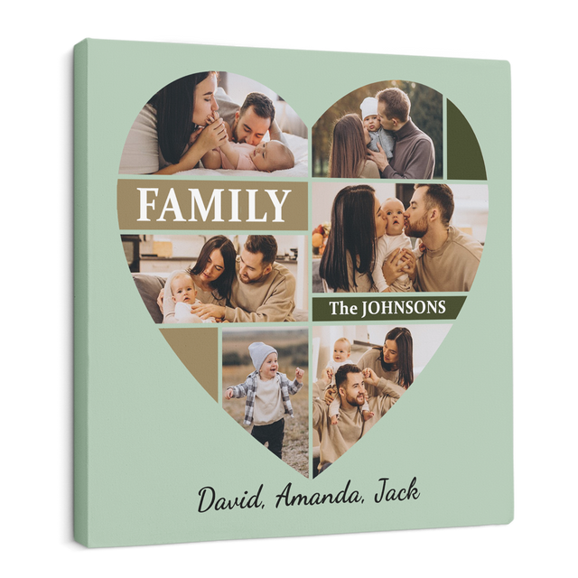 Custom Family Photo Collage, Heart Shape, Customizable Text Canvas Wall Art