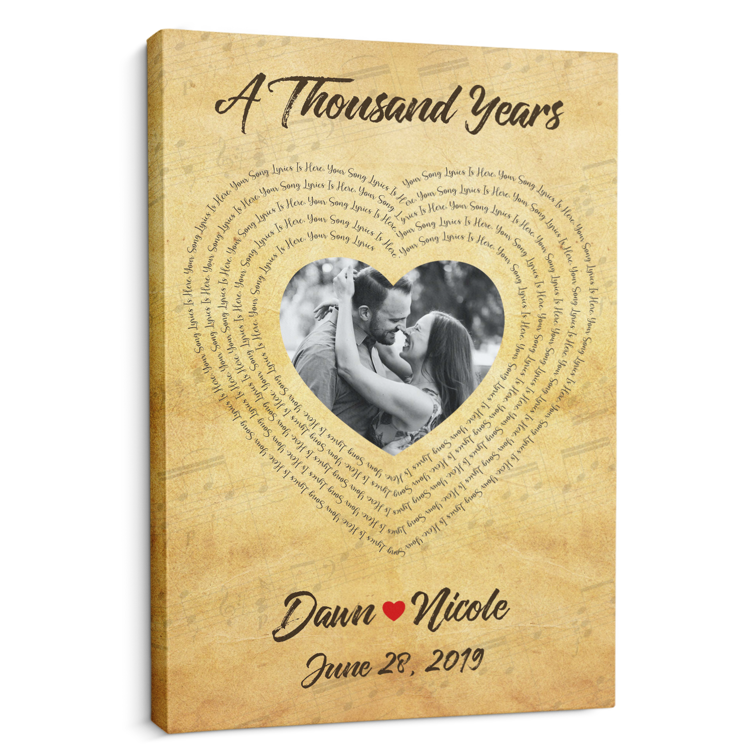 Custom Song Lyrics, Heart Art, Customizable Text And Upload Photo Canvas