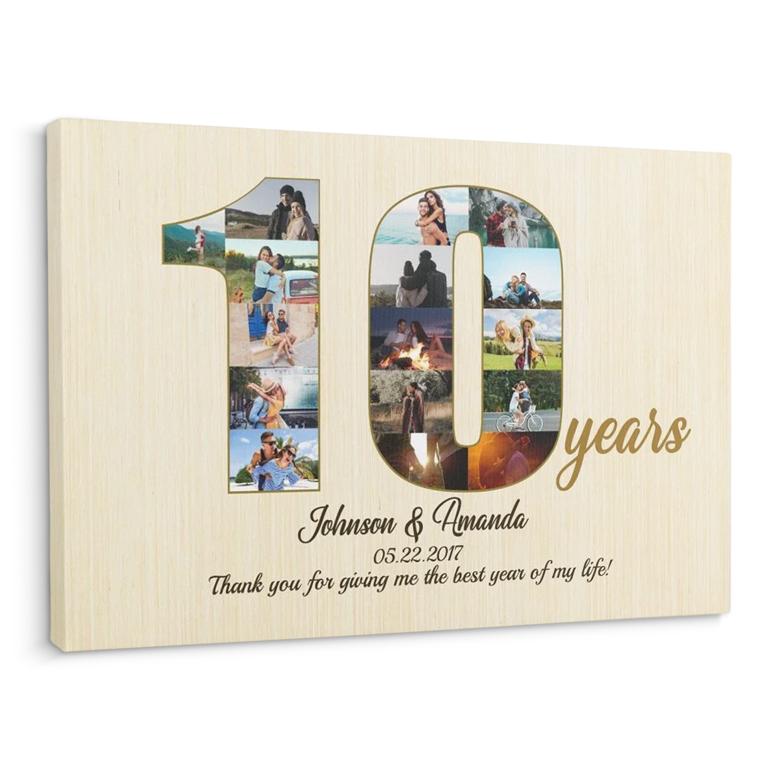 10th Wedding Anniversary Custom Photo Collage Light Wood Background Canvas