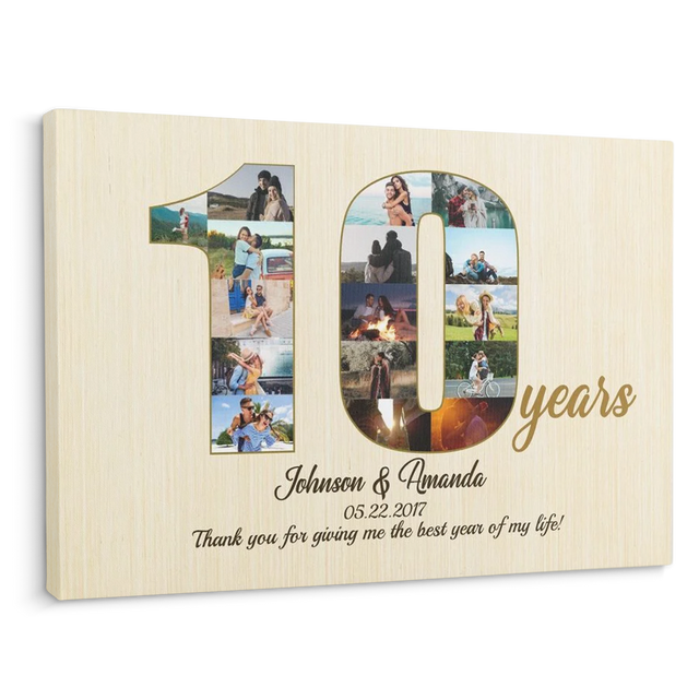 10th Wedding Anniversary Custom Photo Collage Light Wood Background Canvas