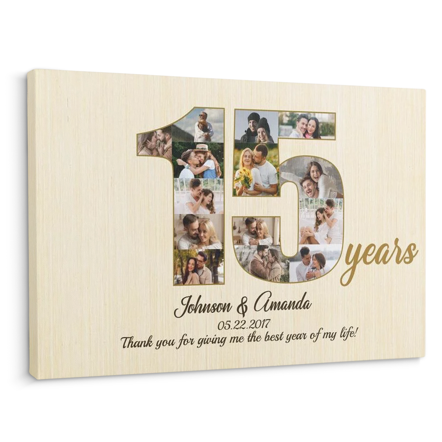 15th Wedding Anniversary Custom Photo Collage Light Wood Background Canvas