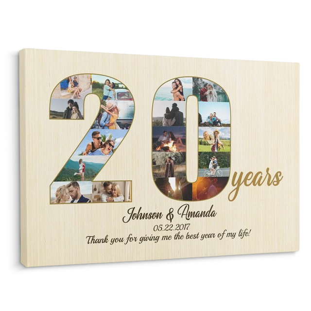 20th Wedding Anniversary Custom Photo Collage Light Wood Background Canvas