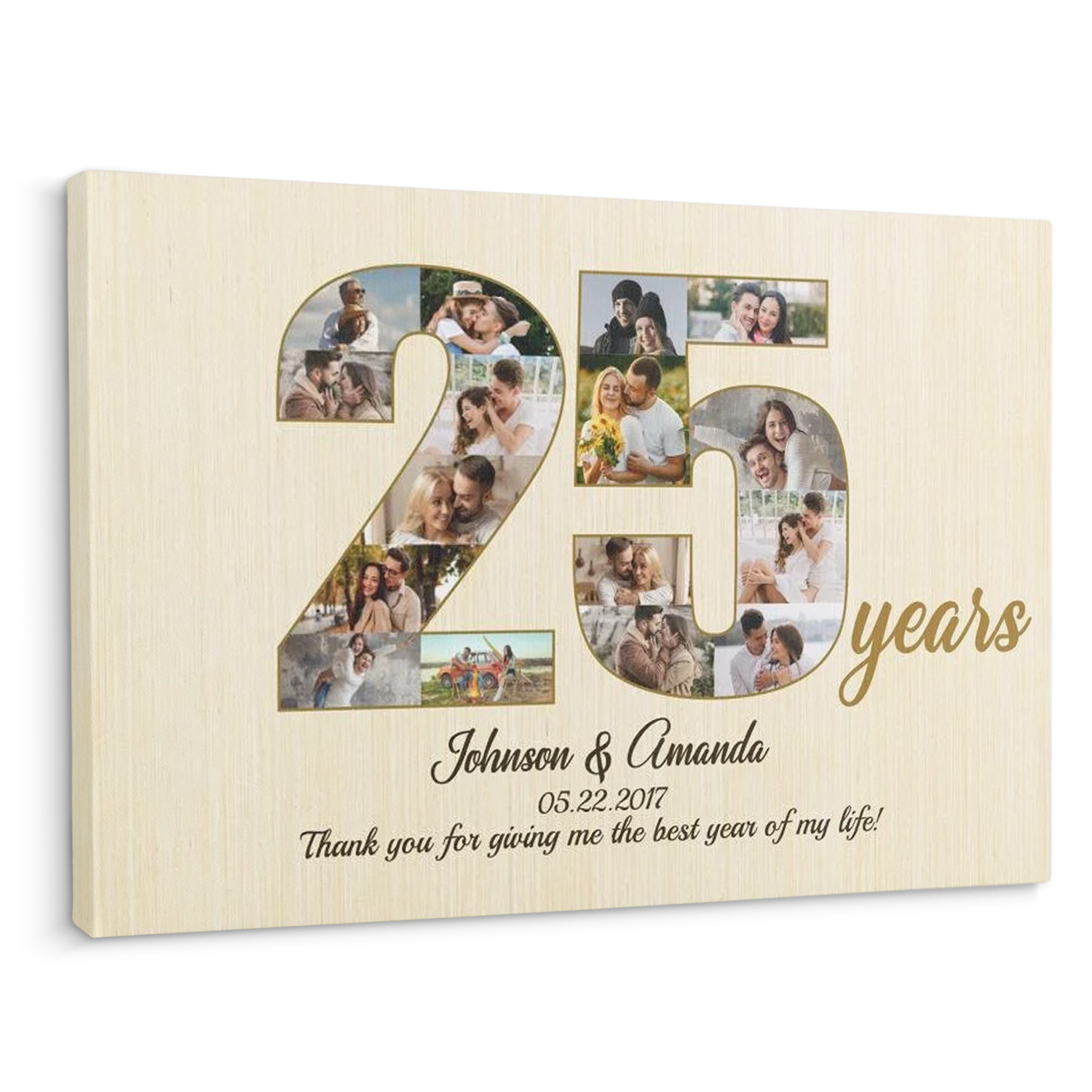 25th Wedding Anniversary Custom Photo Collage Light Wood Background Canvas