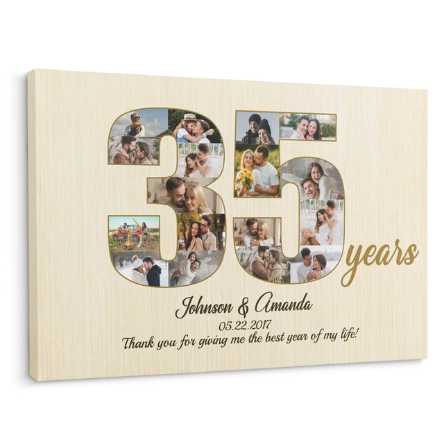 35th Wedding Anniversary Custom Photo Collage Light Wood Background Canvas