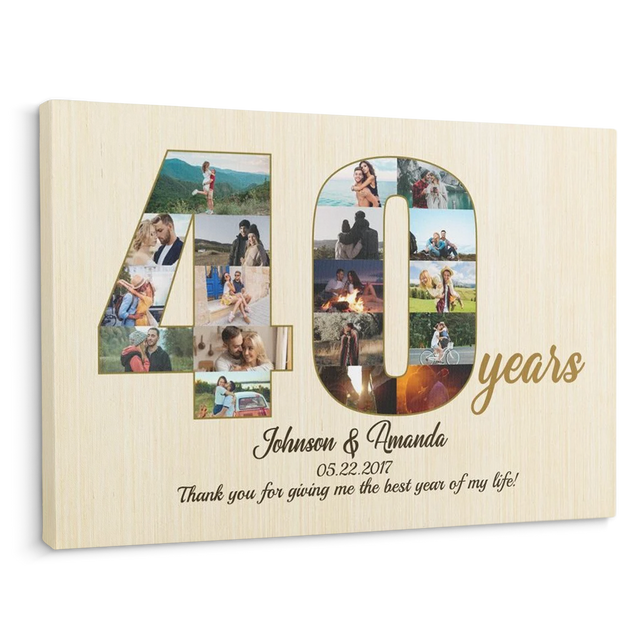 40th Wedding Anniversary Custom Photo Collage Light Wood Background Canvas