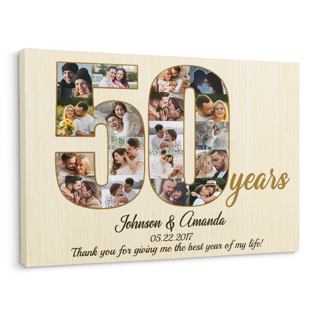 50th Wedding Anniversary Custom Photo Collage Light Wood Background Canvas