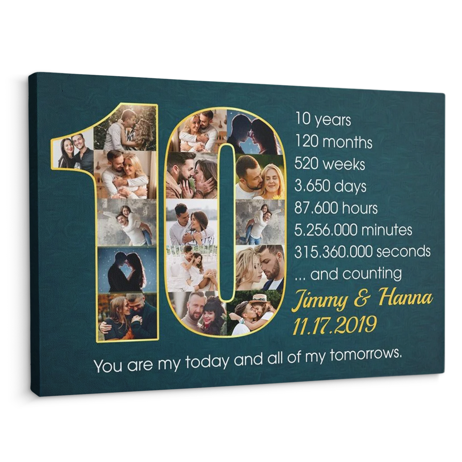 Custom 10th Wedding Anniversary Photo Collage Deep Blue Background Canvas
