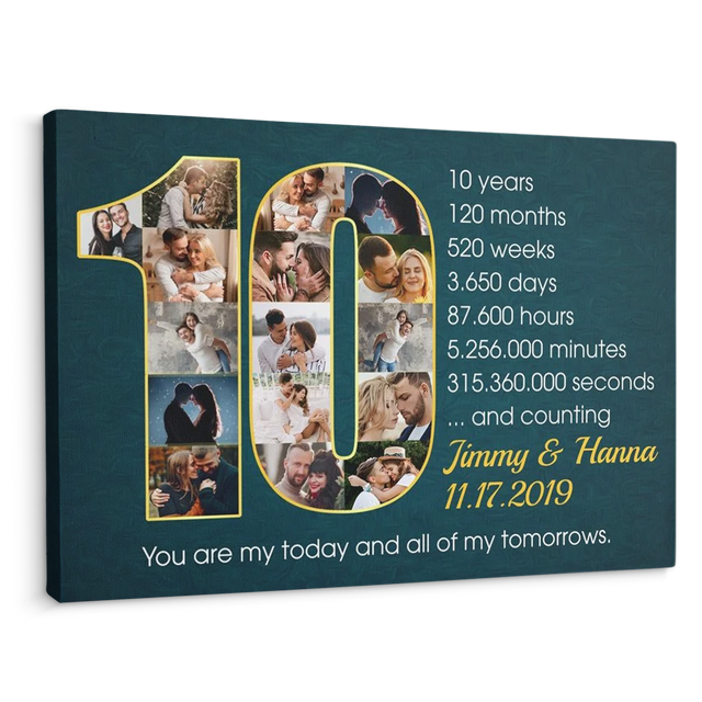 Custom 10th Wedding Anniversary Photo Collage Deep Blue Background Canvas