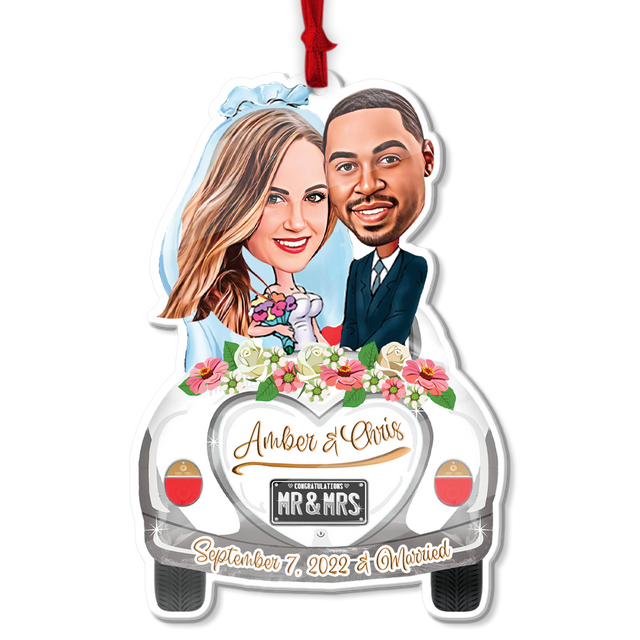 Custom Face From Photo, Married Couple in Car Christmas Shape Ornament 2 Sides