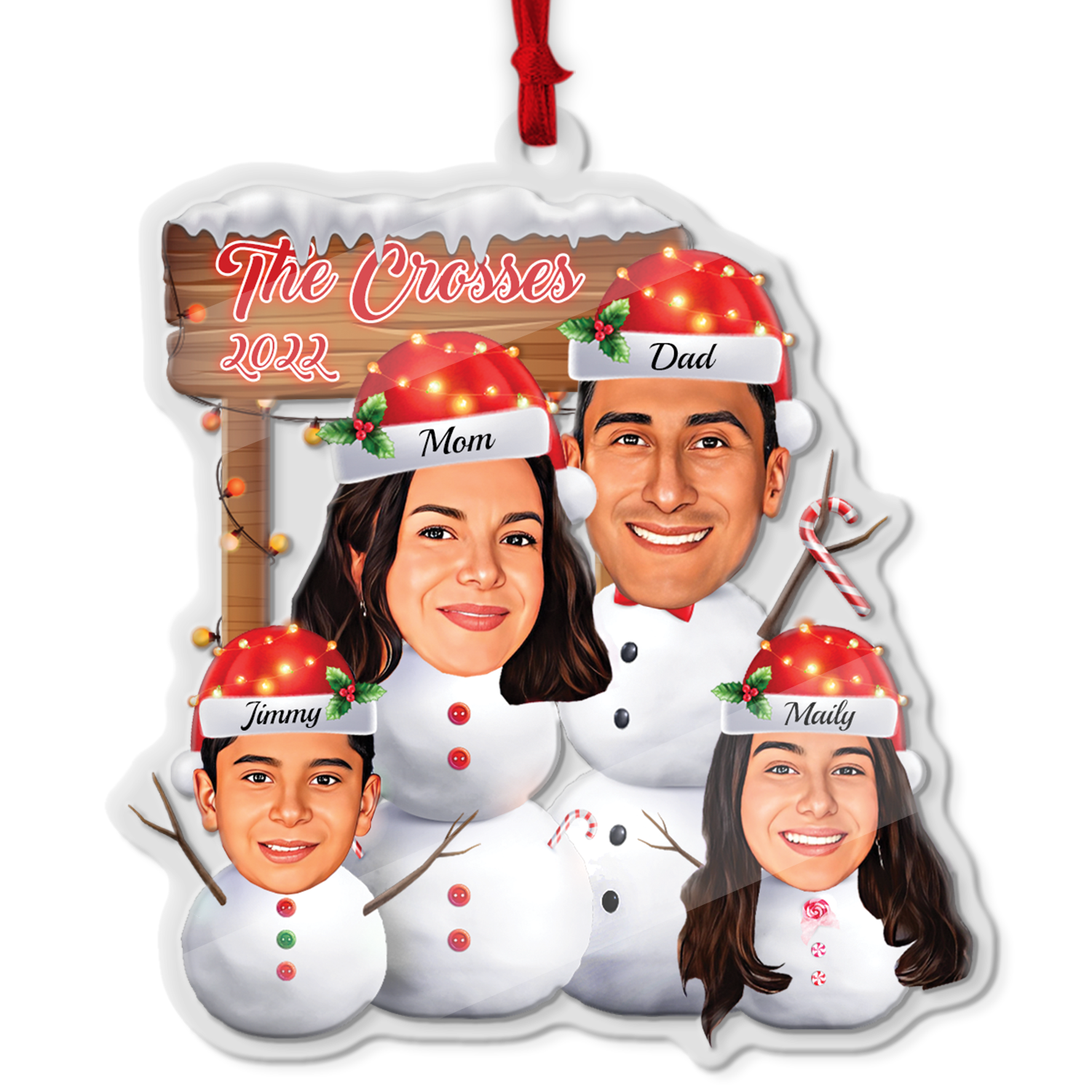 Custom Face From Photo, Snowman Family, Shape Ornament 2 Sides