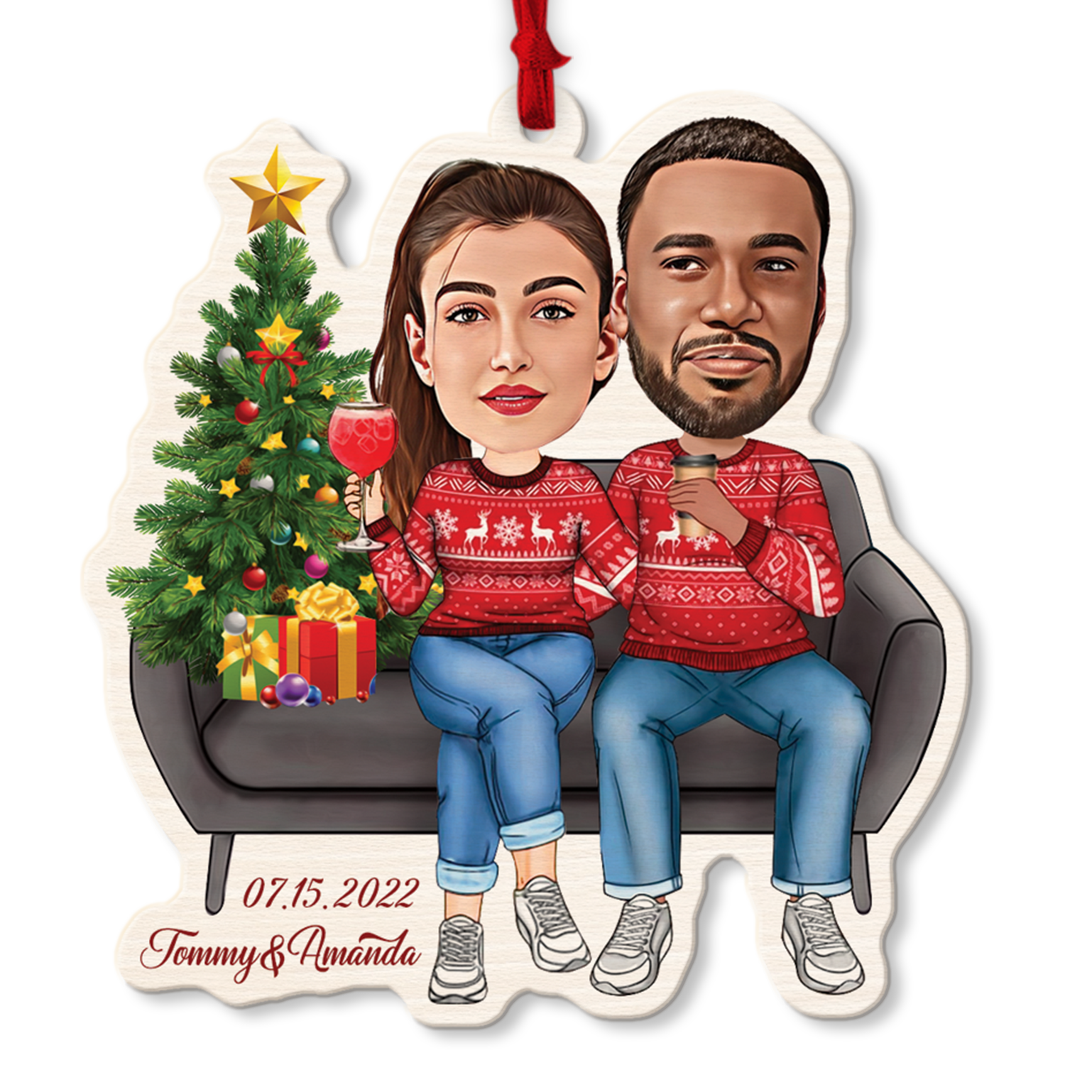 Face From Photo, Gift For Couple, Christmas Couch, Shape Ornament 2 Sides