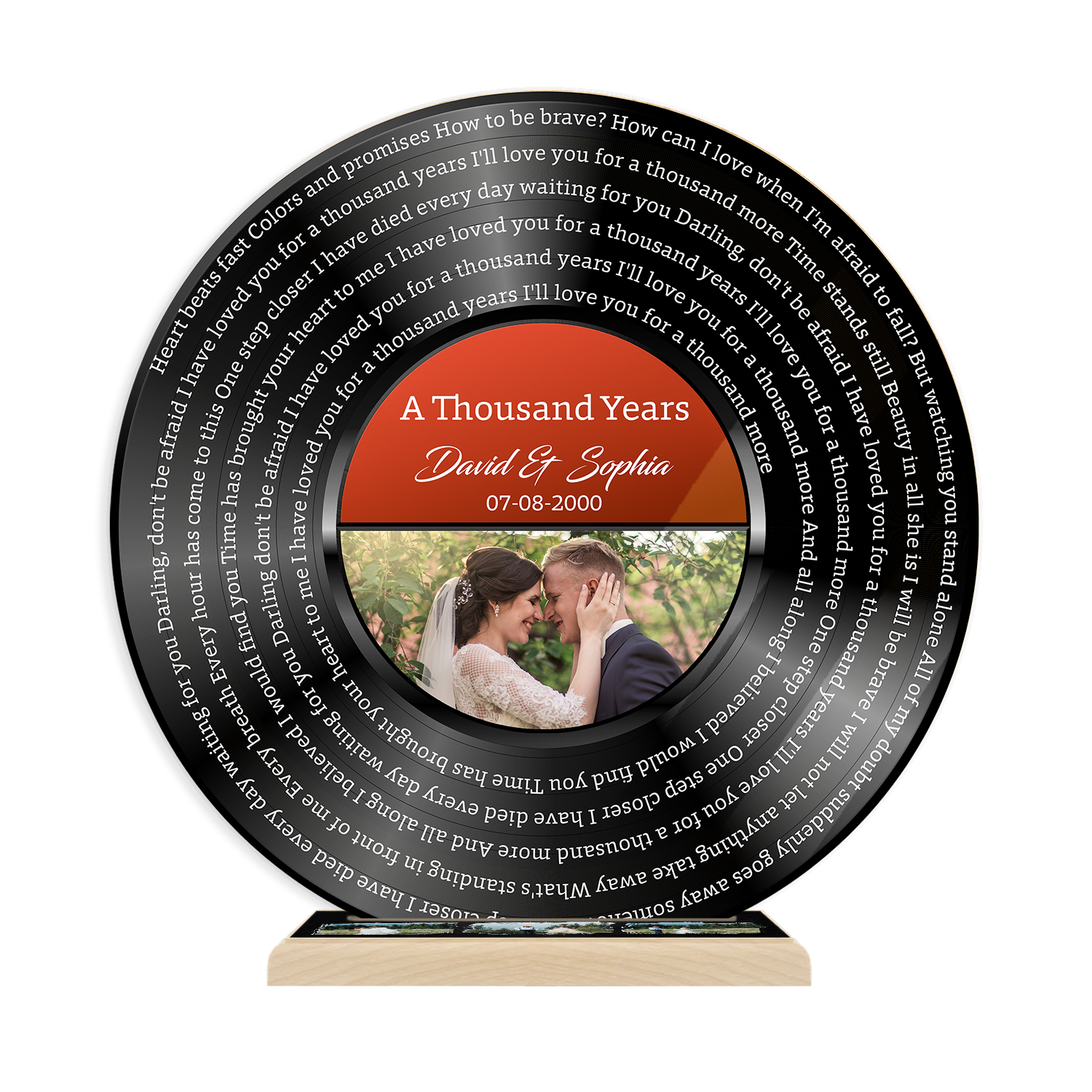 Custom Photo Song Lyrics, Black Acrylic Record with Wooden Stand