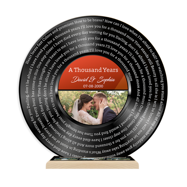 Custom Photo Song Lyrics, Black Acrylic Record with Wooden Stand